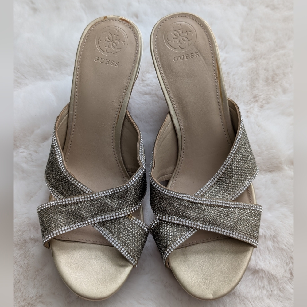 Guess Gold and Silver Crisscross Platform Wedge Sandals